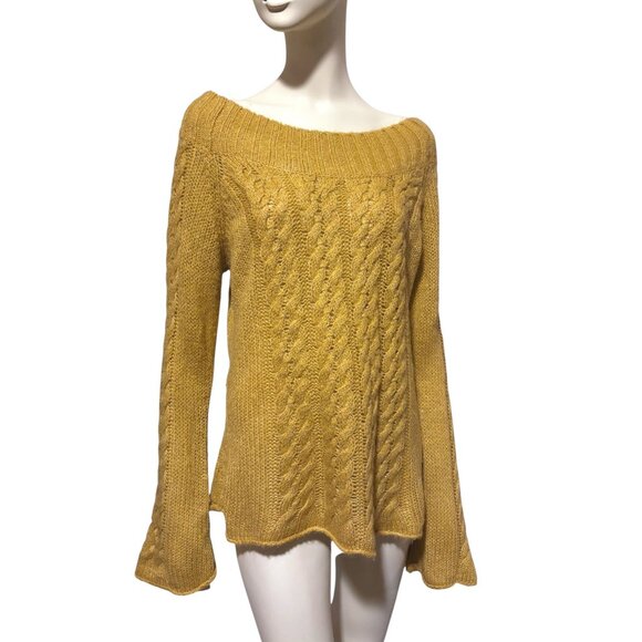 Vintage Cable Knit Sweater XL Off Shoulder Flutter Cuffs Gold Metallic Cozy - Picture 2 of 7